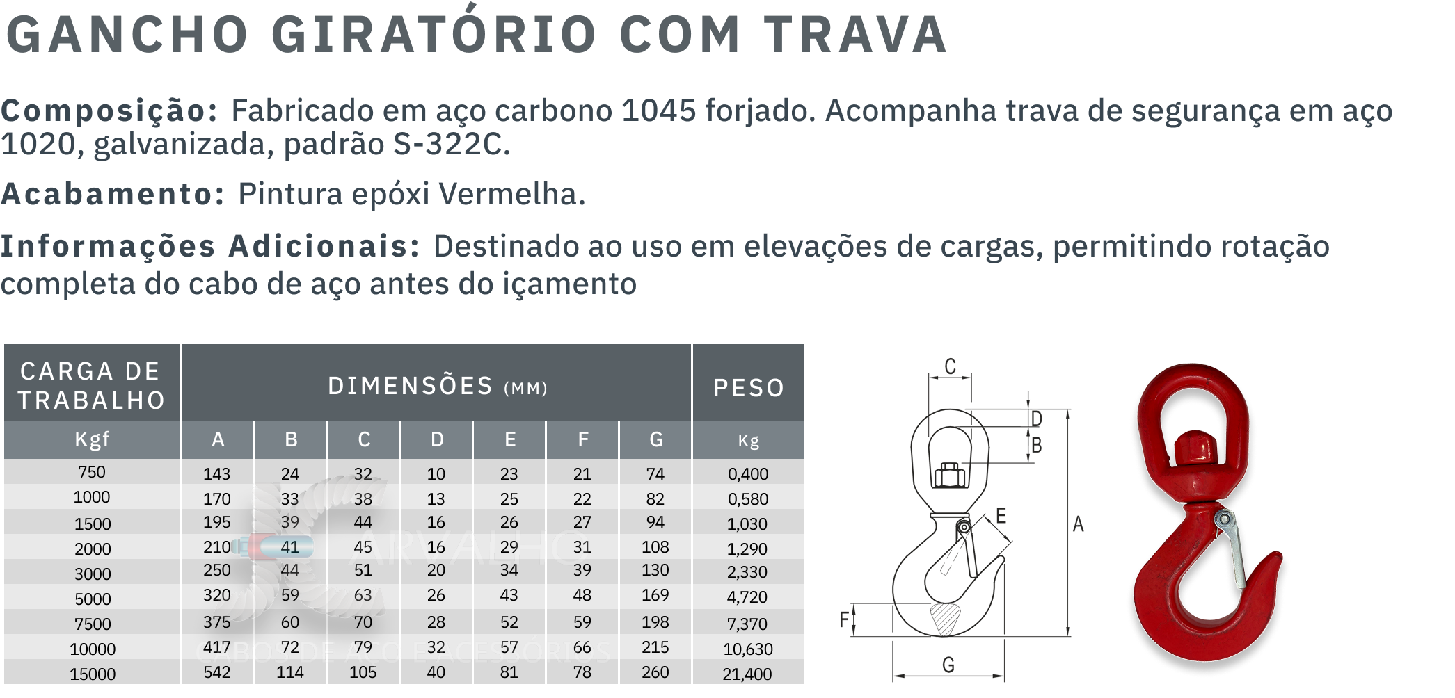 Tabela de medidas gancho giratório com trava - Jcarvalho